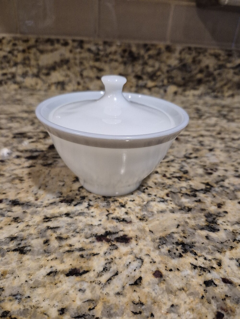 Pyrex White Covered Sugar Bowl with Grey Rim